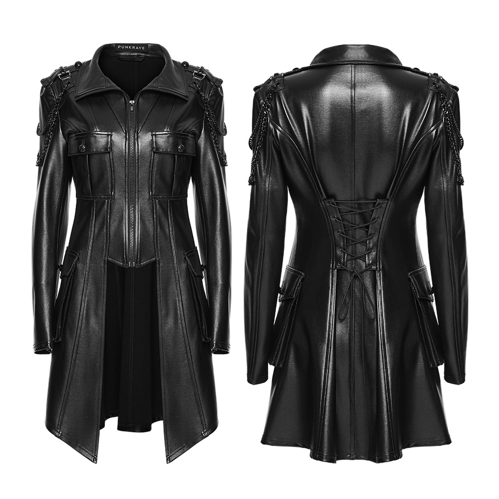 Faux Leather Punk Jacket with Chain Details and Lace-Up Back, showcasing stylish front and back views.
