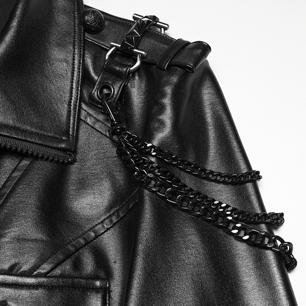 Faux Leather Punk Jacket with Chain Details and Lace-Up Back featuring edgy chain shoulder straps.