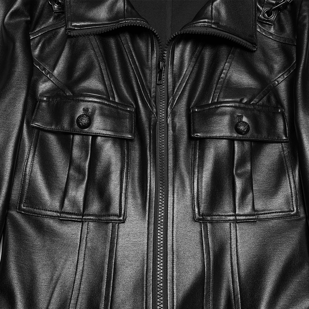 Faux Leather Punk Jacket with Chain Details and Lace-Up Back featuring stylish zip front and functional pockets.