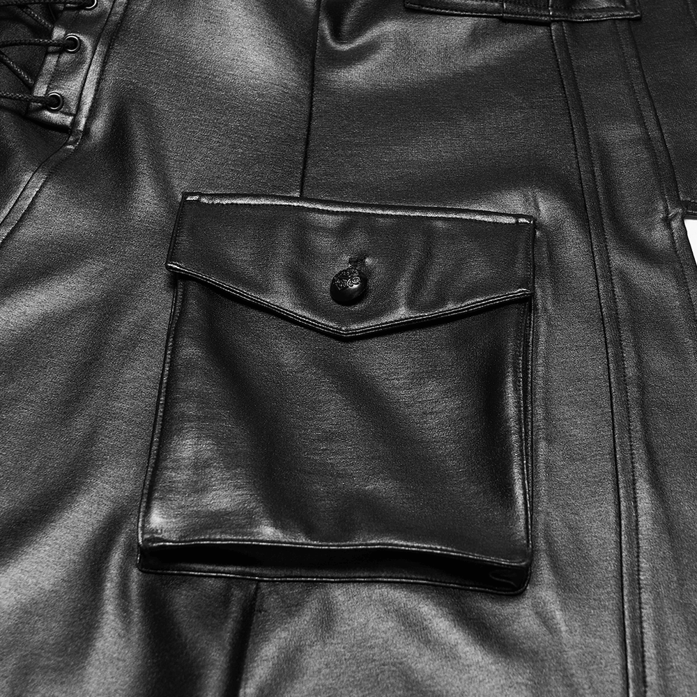 Close-up of faux leather punk jacket with chain details and lace-up back, featuring a stylish pocket.