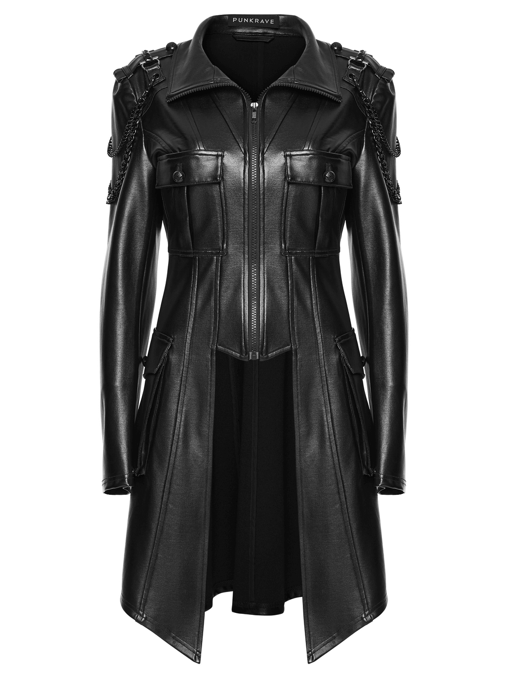 Faux Leather Punk Jacket with Chain Details and Lace-Up Back featuring stylish shoulder chains and lacing.