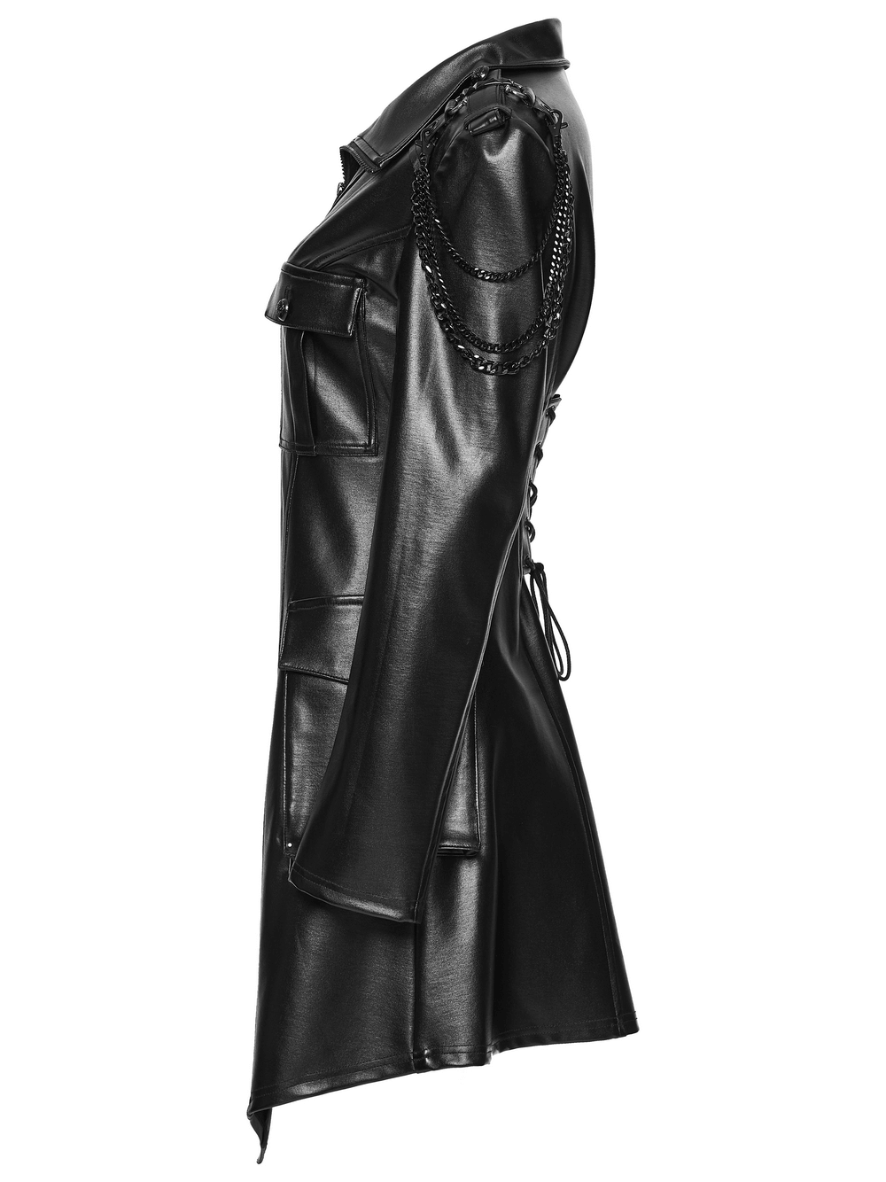 Faux Leather Punk Jacket with Chain Details and Lace-Up Back showcasing edgy design and stylish silhouette.
