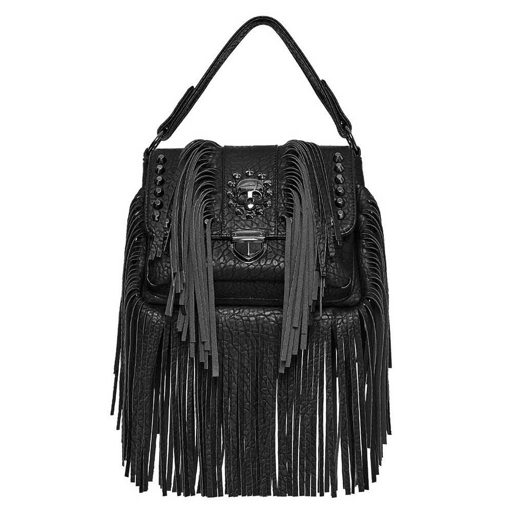 Gothic faux leather handbag with skull rivet, fringe tassels, and buckle closure for edgy style.