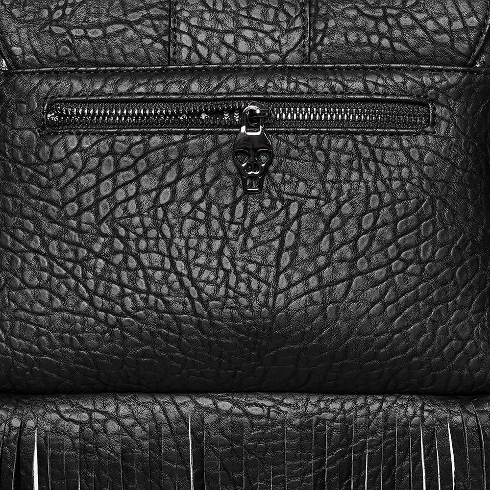 Black faux leather handbag with skull zipper detail and textured finish, showcasing gothic punk style.