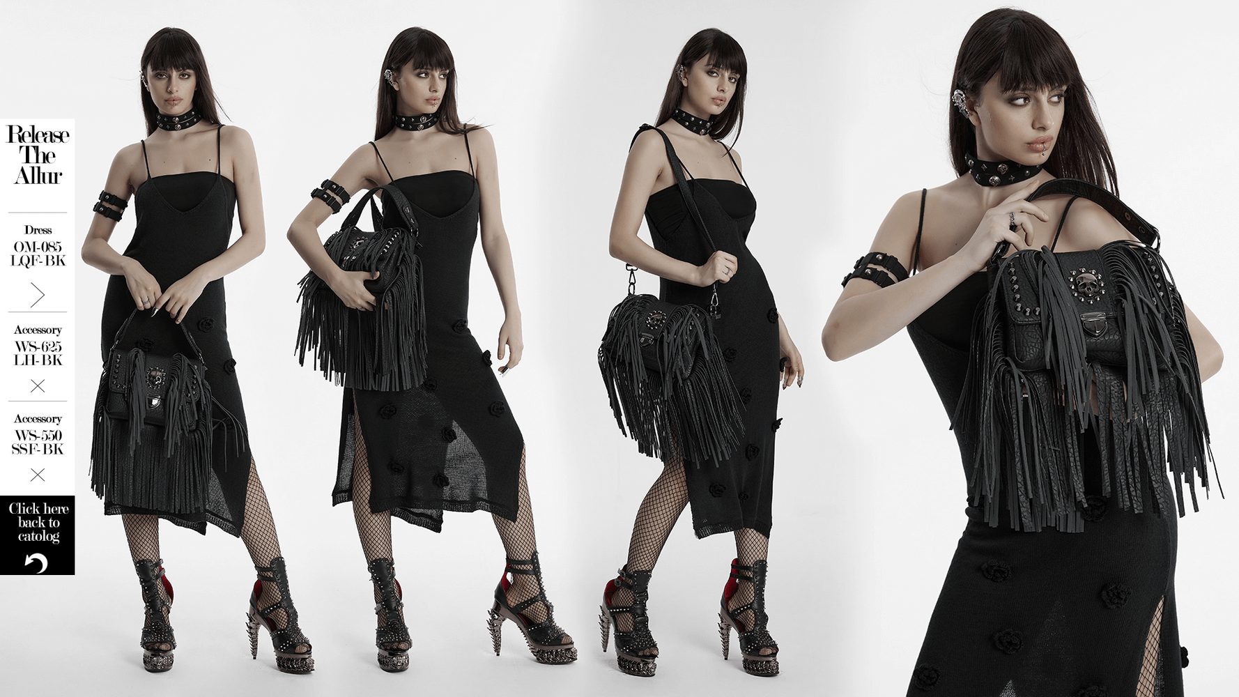 Stylish model in black dress showcasing a Gothic faux leather skull tassel fringe handbag with edgy accessories.