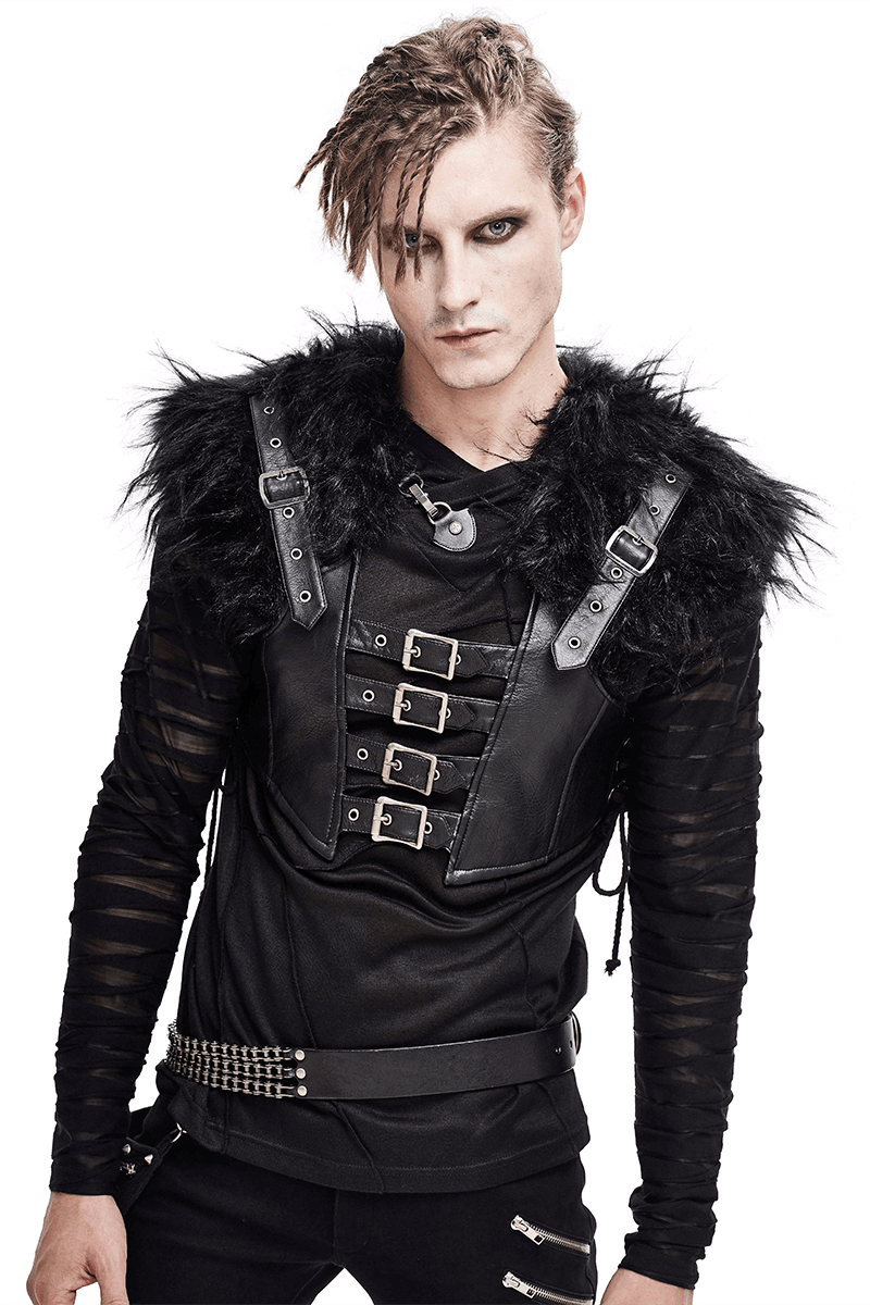 Faux Leather Waistcoat with Fur on Shoulders / Lace-up Sides Waistcoat with Belt & Buckle - HARD'N'HEAVY