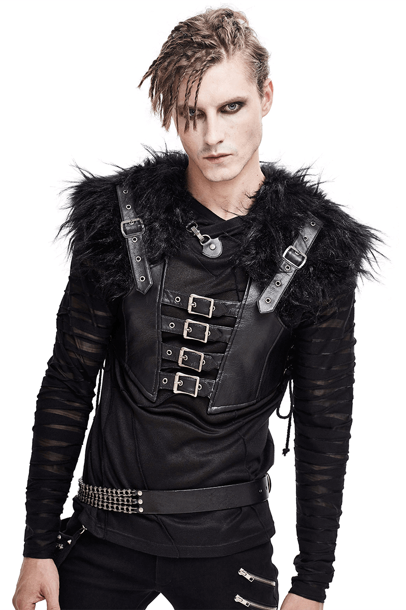 Men's faux leather waistcoat with fur shoulders, buckle details, and punk style, perfect for a bold, edgy wardrobe.