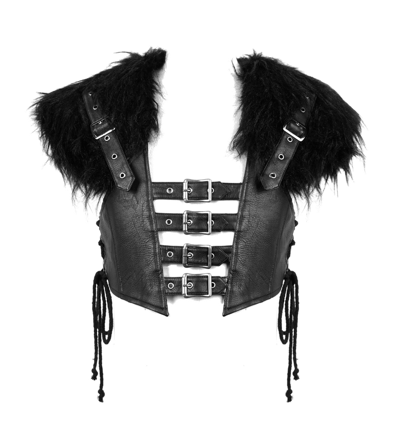 Faux leather punk waistcoat with fur shoulders, lace-up sides, and stylish buckle details.