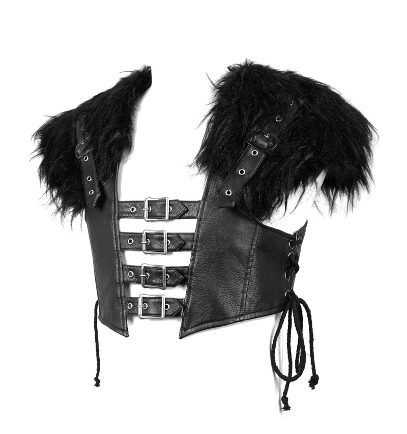 Punk style faux leather waistcoat with fur shoulders and lace-up sides, perfect for edgy men's fashion.