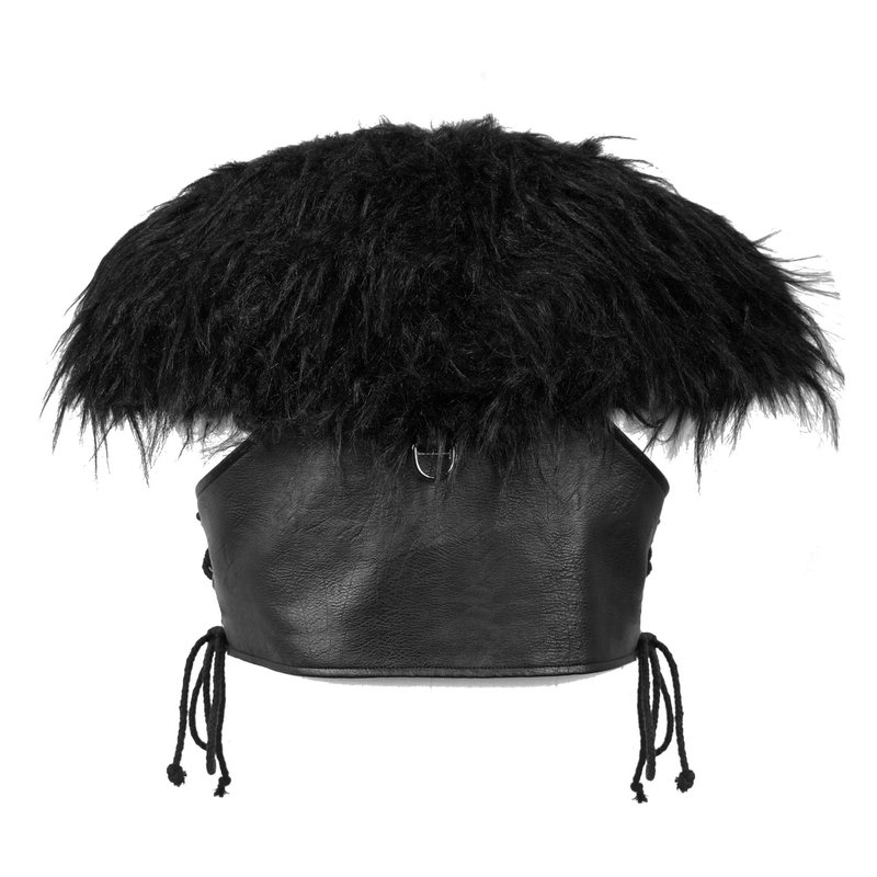 Faux leather waistcoat with black fur shoulders and lace-up sides, perfect for punk style.