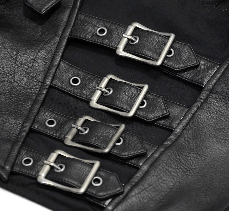 Close-up of faux leather waistcoat showing stylish buckle details and lace-up sides, perfect for punk fashion.