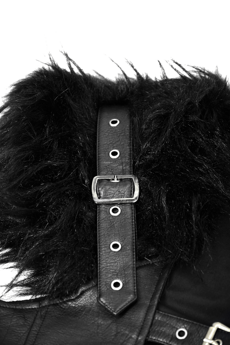 Detail of faux leather waistcoat with fur collar and buckle strap, perfect for punk fashion enthusiasts.