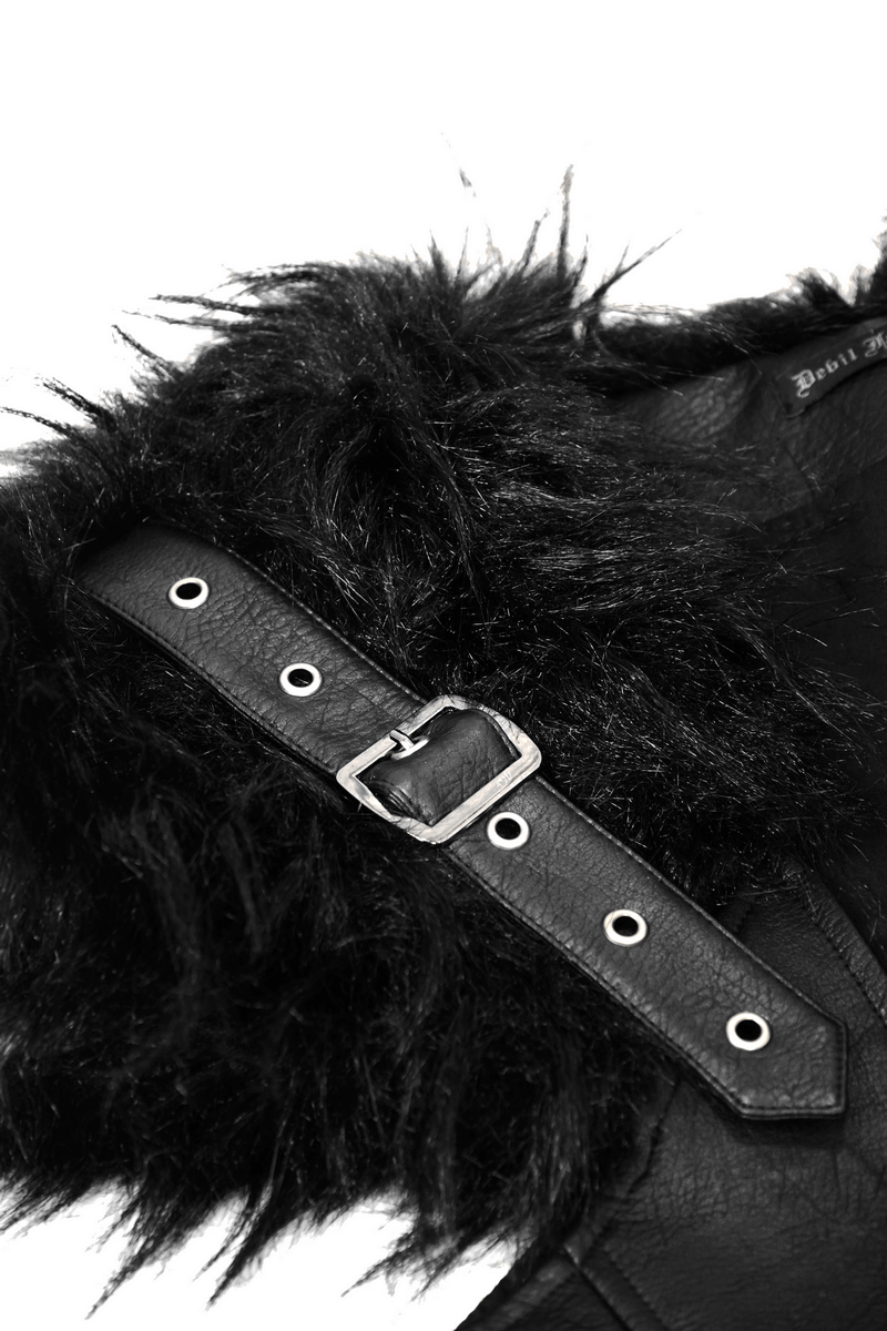 Close-up of a faux leather waistcoat with fur detailing and strap buckle, perfect for a punk fashion statement.