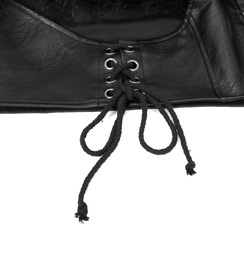 Close-up of the lace-up detail on a black faux leather vest in punk style with a fur collar accent.