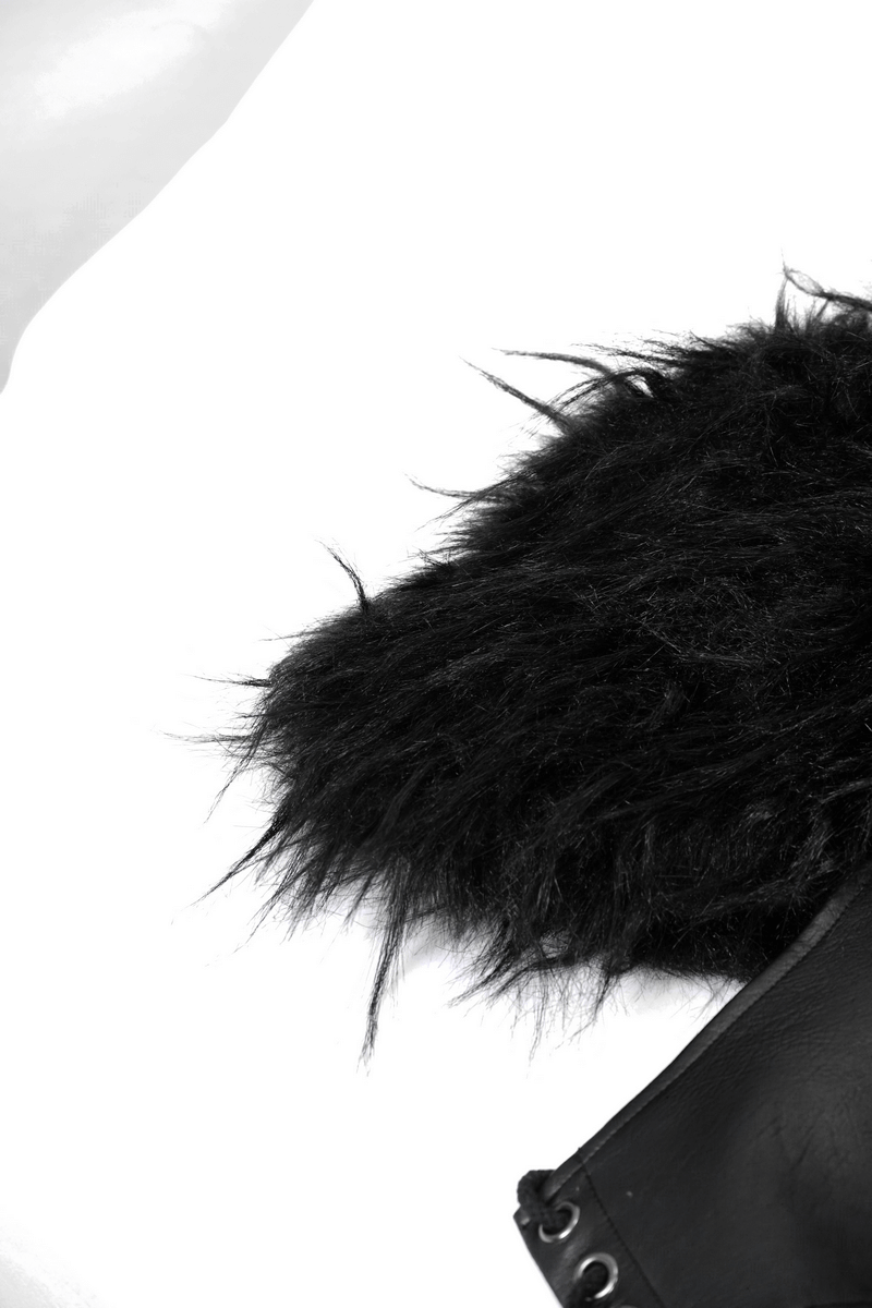 Close-up of black faux fur detail on a leather waistcoat, showcasing punk style fashion.