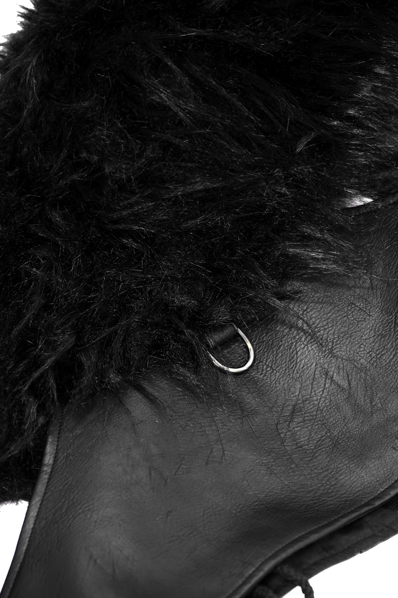 Close-up of faux leather waistcoat with fur detail and lace-up side, perfect for punk style enthusiasts.