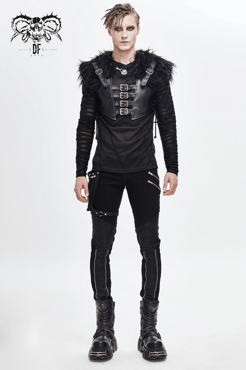 Faux Leather Waistcoat with Fur on Shoulders / Lace-up Sides Waistcoat with Belt & Buckle - HARD'N'HEAVY