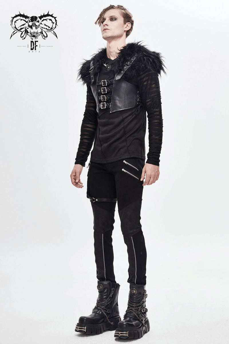 Men's punk faux leather vest with fur shoulders, lace-up sides, and edgy buckle details, perfect for a stylish punk look.