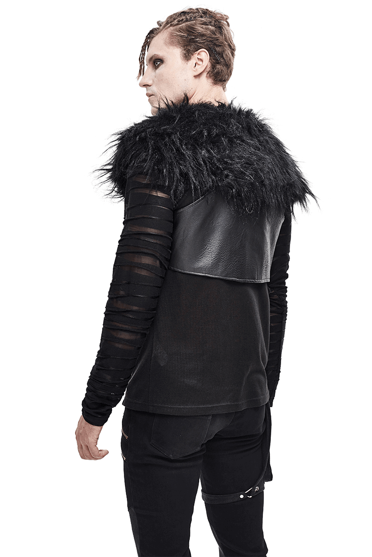 Men's faux leather vest with fur collar, punk style, featuring lace-up sides and a sleek black design.