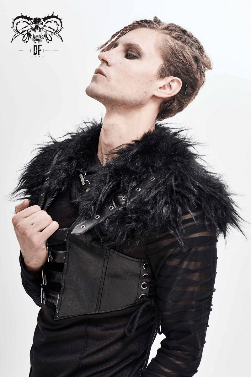 Stylish man wearing a faux leather waistcoat with fur shoulders and lace-up sides, showcasing punk fashion.