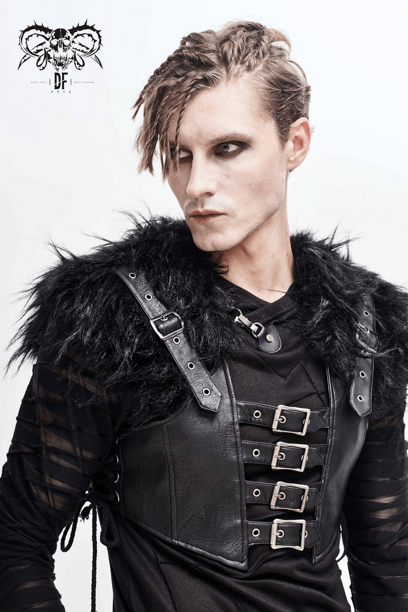 Men's faux leather waistcoat with fur shoulders and lace-up sides, perfect for punk fashion enthusiasts.