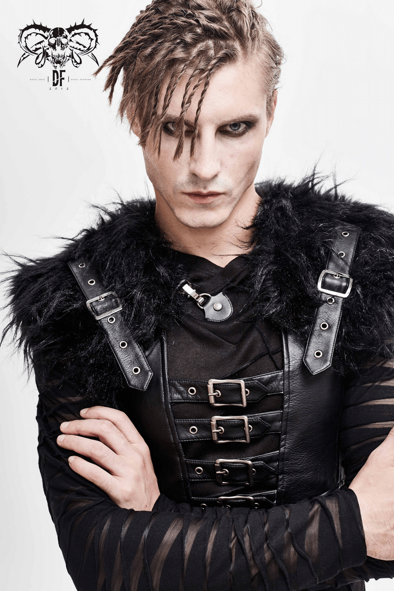 Stylish man in faux leather waistcoat with fur shoulders and lace-up sides, perfect for punk fashion lovers.
