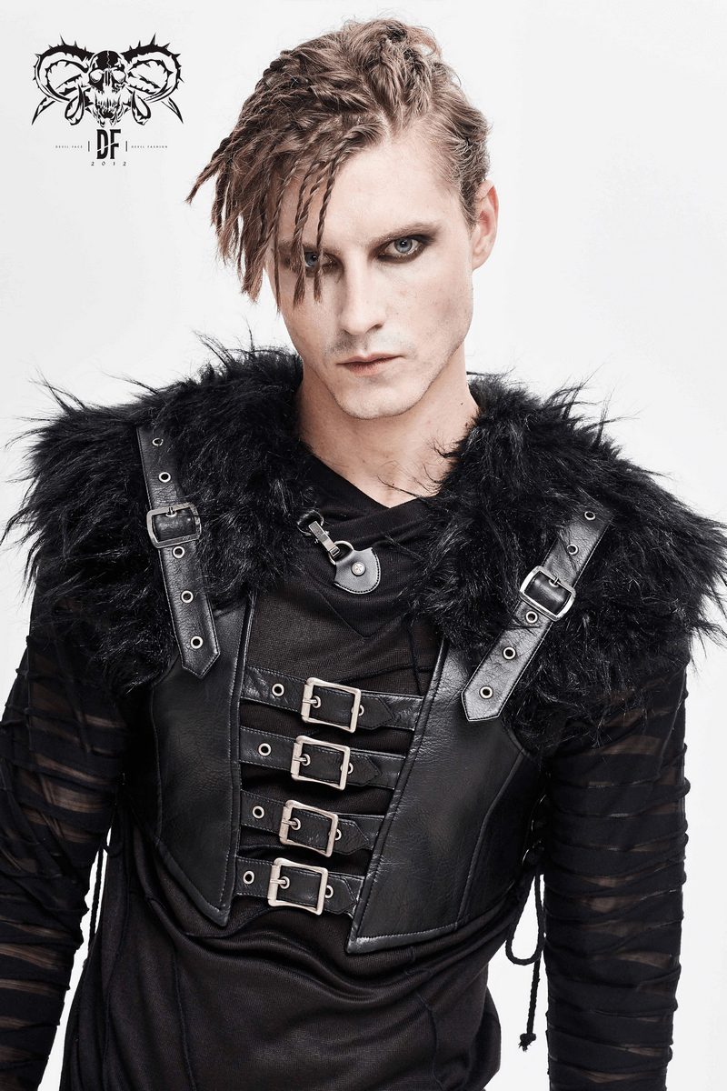 Stylish punk men's faux leather waistcoat with fur shoulders, lace-up sides, and decorative buckles.