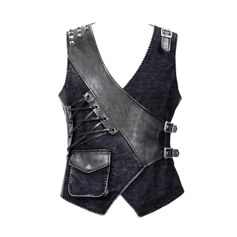 Men's faux leather punk vest with asymmetrical cut, buckles, and side ties for a stylish vintage look.