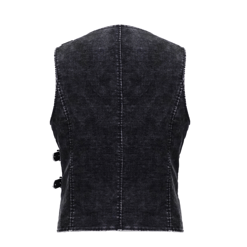 Black faux leather vest back view with buckles, perfect for punk vintage style outfits.