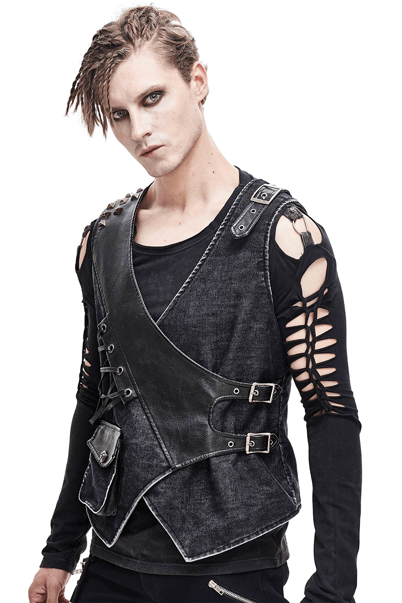 Faux Leather Waistcoats With Pockets / Punk Style Vest with Buckles / Vintage Vest for Men - HARD'N'HEAVY