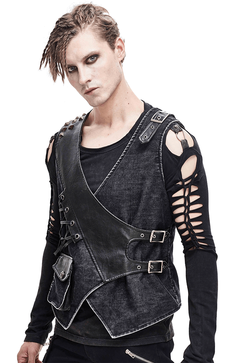 Men's punk vintage faux leather vest with buckles, pockets, and asymmetrical cut for a gothic style look.