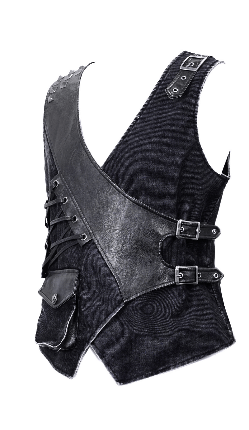 Men's punk vintage faux leather vest with buckles and side ties in black.