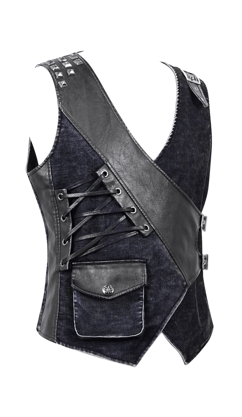 Black faux leather punk vest with pockets and asymmetrical cut for a vintage gothic style.