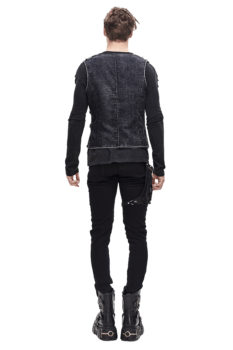 Back view of a stylish black men's faux leather vest, featuring a punk vintage design with unique details.