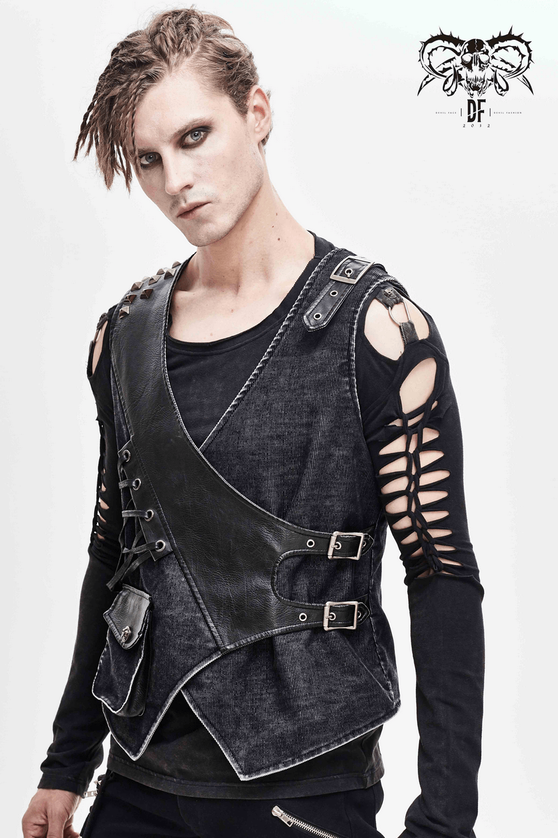 Faux Leather Waistcoats With Pockets / Punk Style Vest with Buckles / Vintage Vest for Men - HARD'N'HEAVY