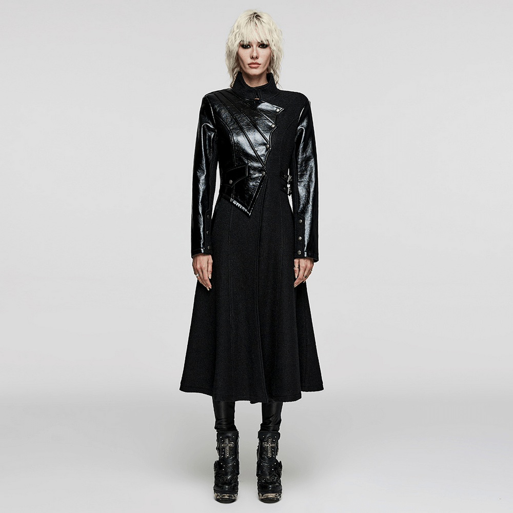 Gothic thick coat with faux leather detailing, featuring asymmetrical design and functional zipper.