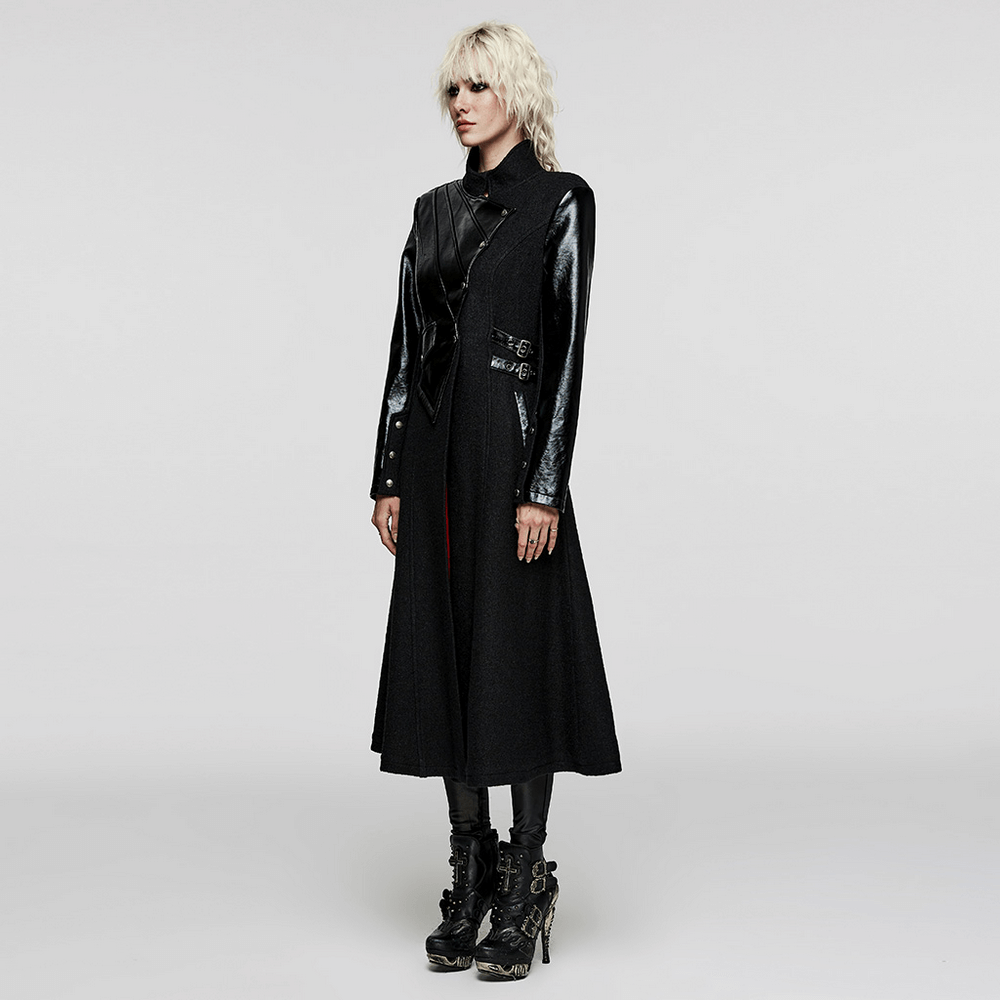 Gothic faux leather wool blend coat with asymmetrical design and stylish zipper, perfect for high fashion and subcultural style.