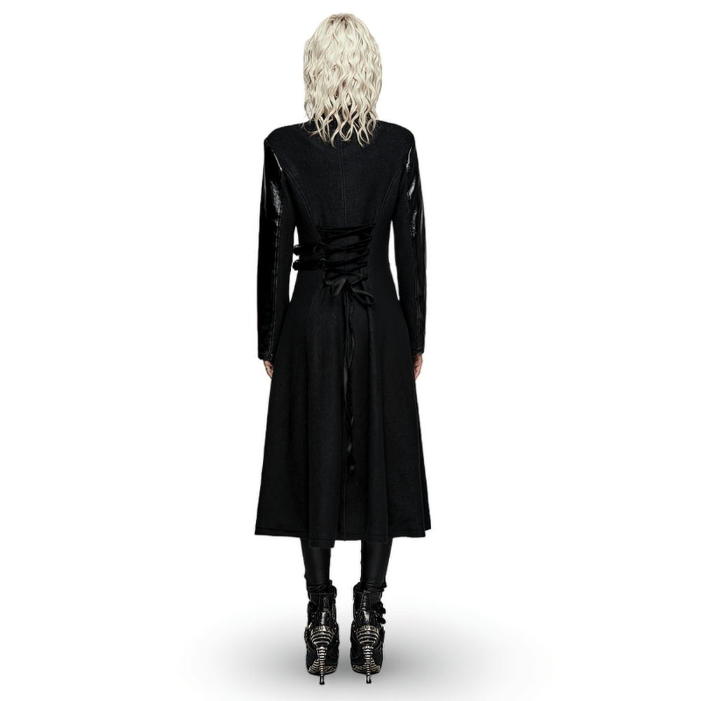 Back view of a Gothic thick coat with faux leather detailing and lace-up design, styled over black leggings and heels.