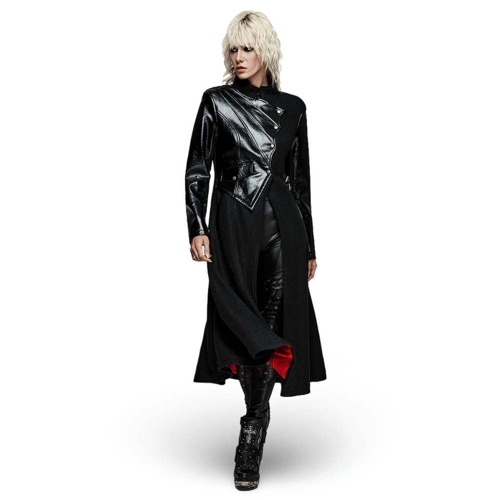 Gothic faux leather wool blend coat with unique splicing and asymmetrical design, perfect for edgy fashion enthusiasts.