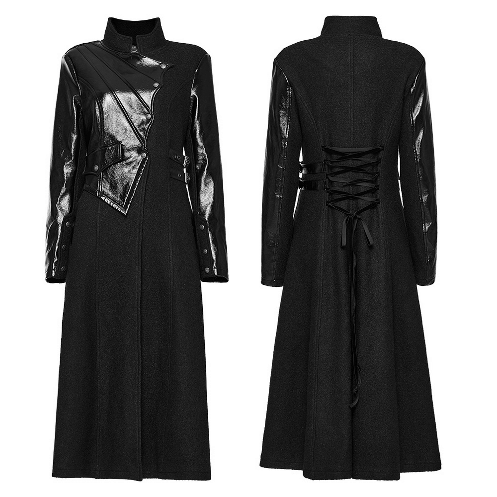 Faux leather wool blend gothic coat with asymmetrical design and unique detailing.