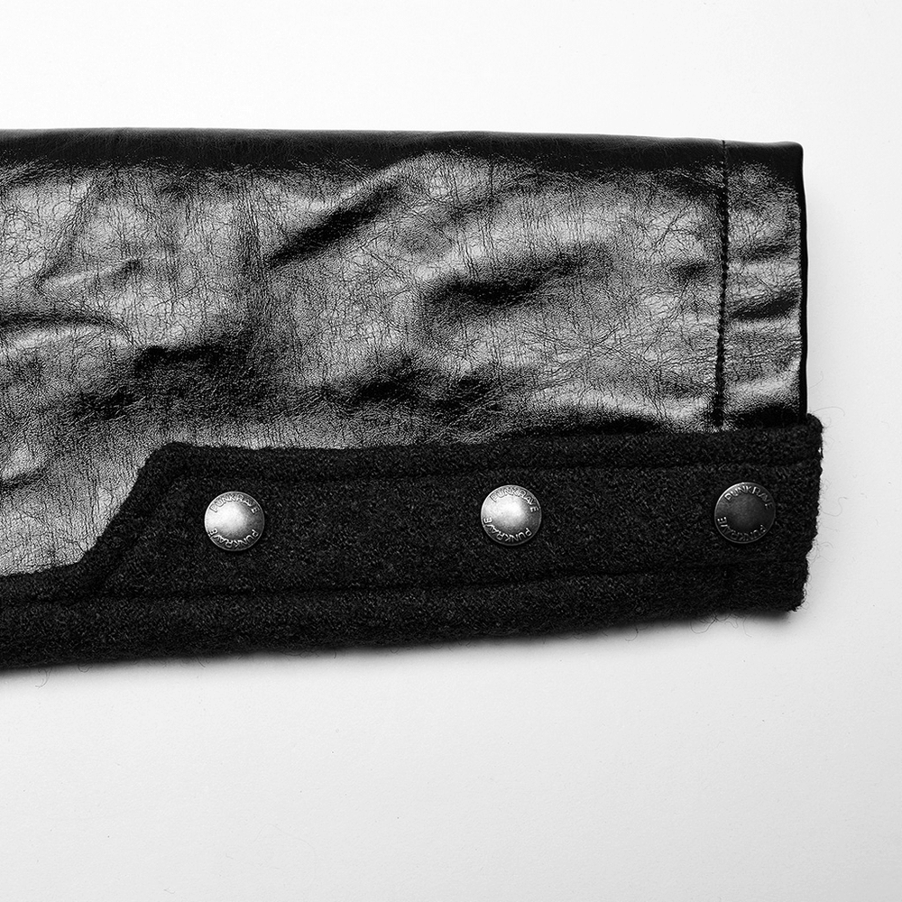Close-up of faux leather and wool blend detailing on Gothic coat sleeve with button accents.