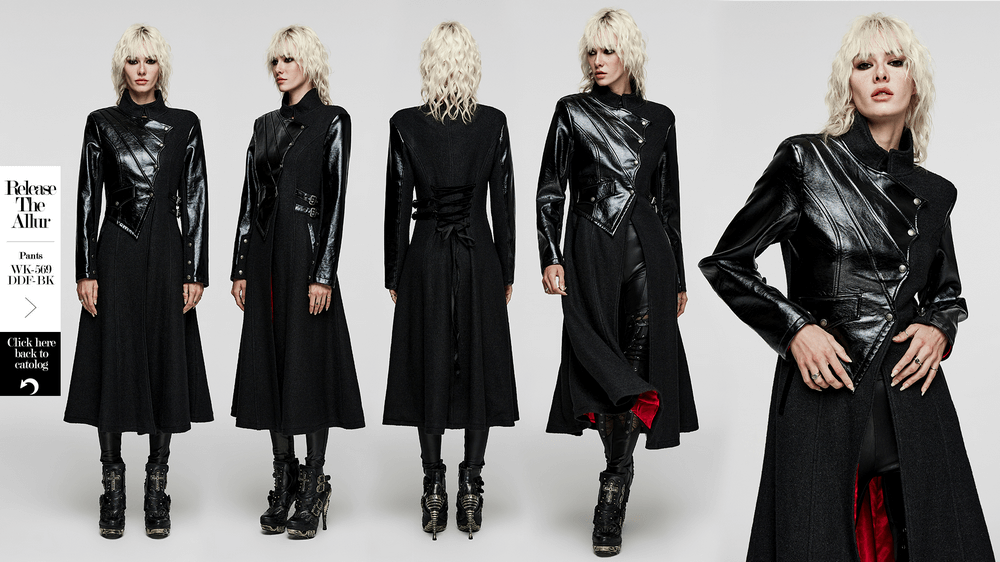 Gothic thick coat with faux leather details and asymmetrical design on a model, showcasing its unique style and features.