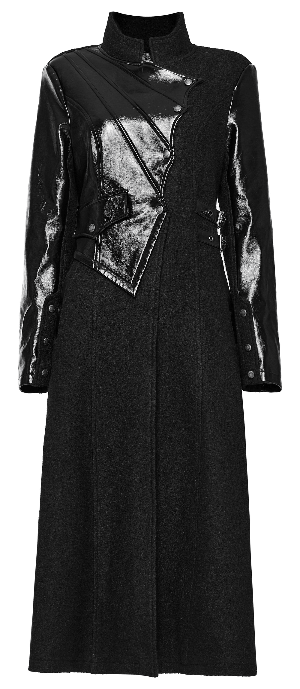 Gothic faux leather and wool blend coat with asymmetrical design and functional zipper.