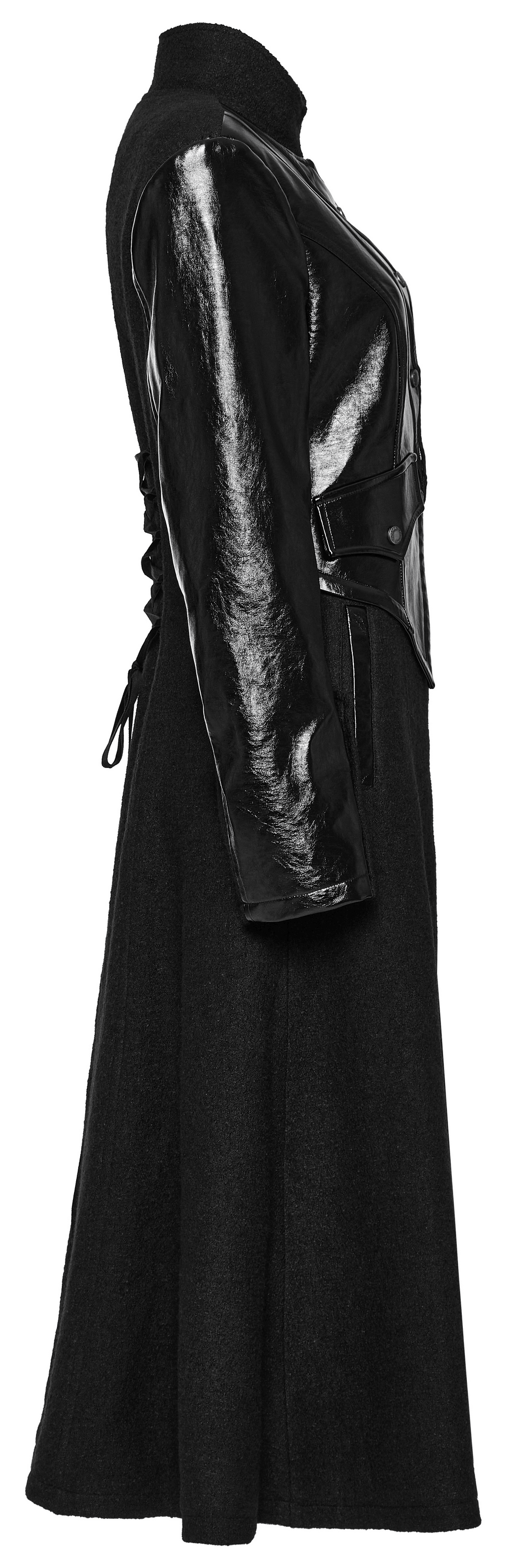 Side view of a gothic thick coat featuring faux leather and wool blend, showcasing unique asymmetrical detailing.
