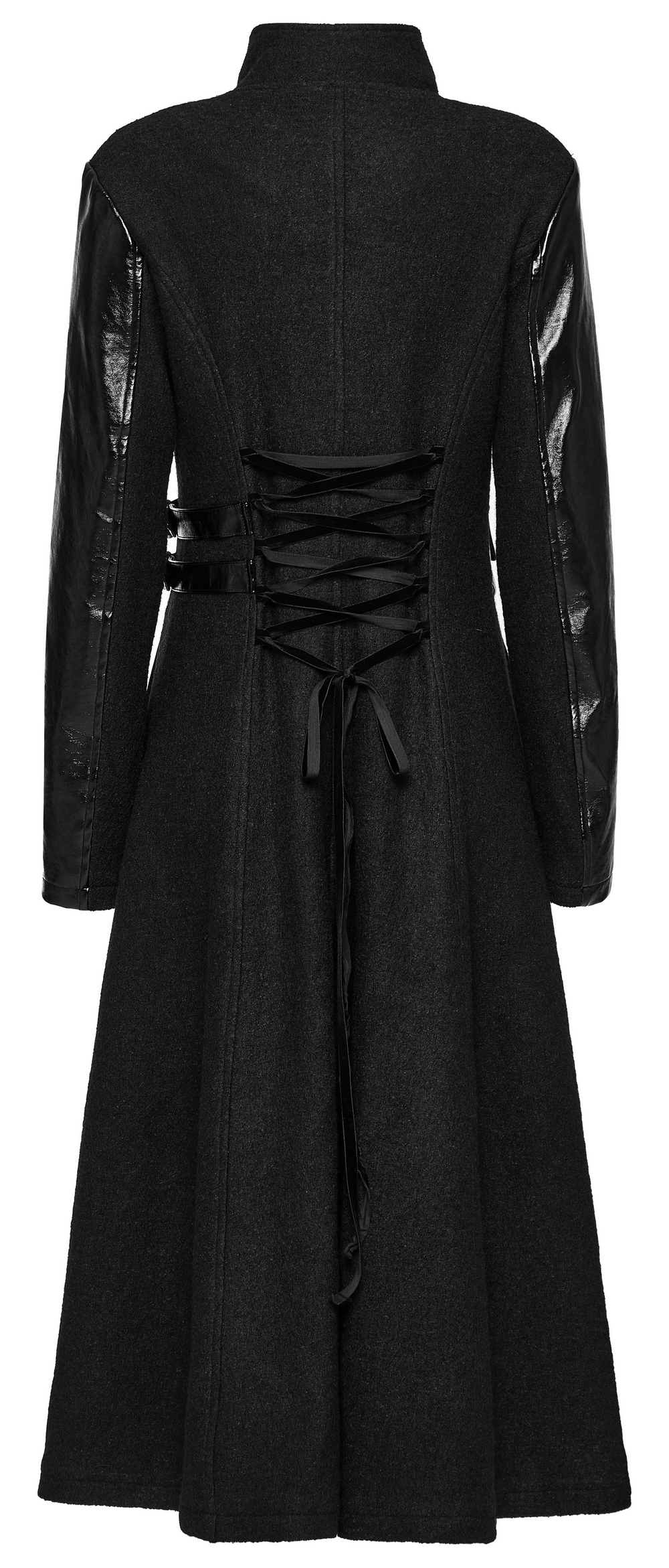 Back view of a Gothic coat featuring faux leather sleeves and lace-up detailing for a unique asymmetrical style.