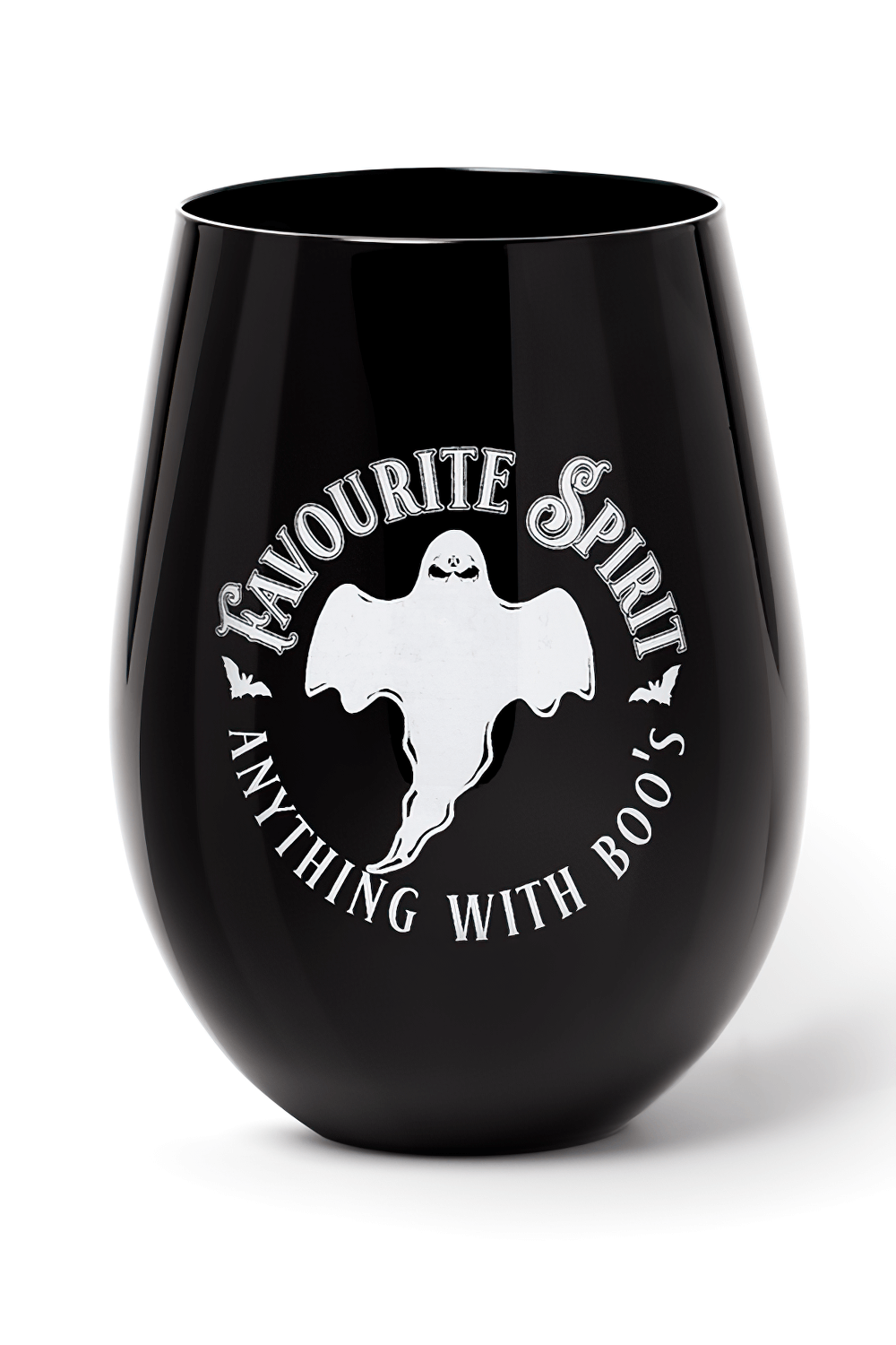 Stylish stemless glass featuring a ghost design, perfect for Halloween drinks and adding charm to any beverage.