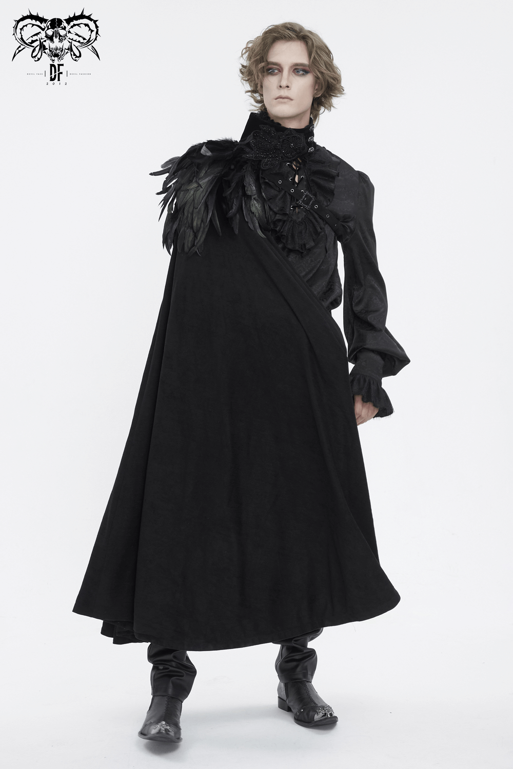 Chic black asymmetric cape with feather accents, perfect for evening glam and fashion statements.