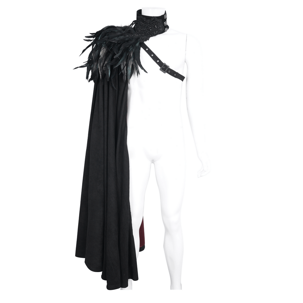 Chic black asymmetric cape with feather accents, perfect for evening events and glamorous parties.