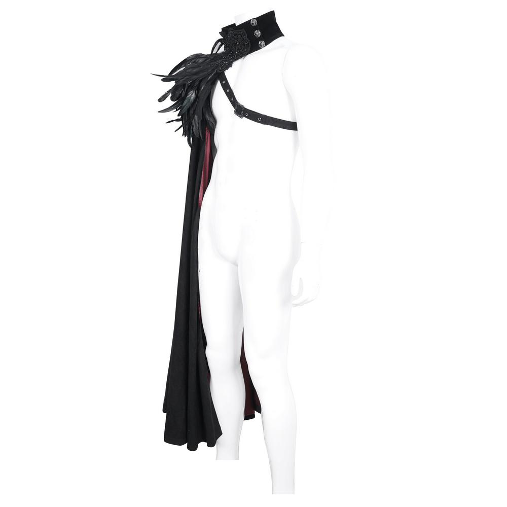 Chic black asymmetric cape with feather accents, perfect for evening glamour and stylish entrances.