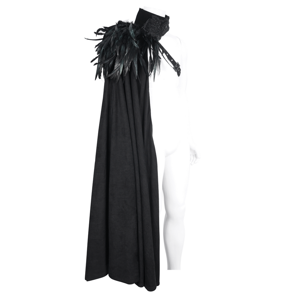 Chic black asymmetric cape with feather details, perfect for evening events and making a bold fashion statement.